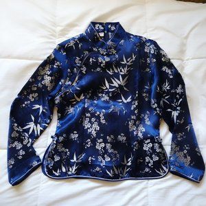 NWOT Asian style mandarin collar navy/deep blue and silver satin blouse